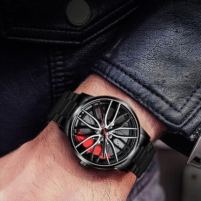 Men's Wheel Rim Watch - Motorsport Watch in 3D Stereoscopic Car Wheel Clock Fashion Sports Watches Waterproof Rim Hub Car Enthusiast Watch (X-G63), red, Bracelet